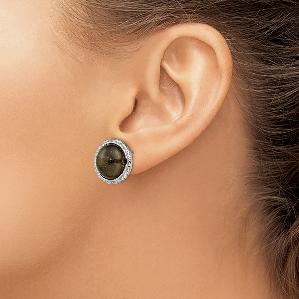 Stainless Steel Stud Earrings with Labradorite Cabochons, Rope Bezel, Minimalist Design