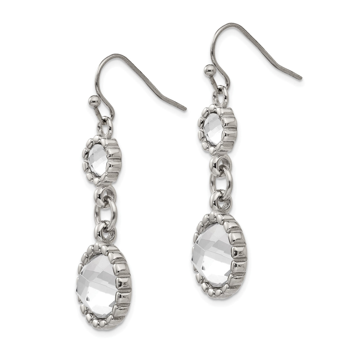 Stainless Steel Dangle Earrings with Clear Glass Crystals, Floral Edging, Lightweight Design