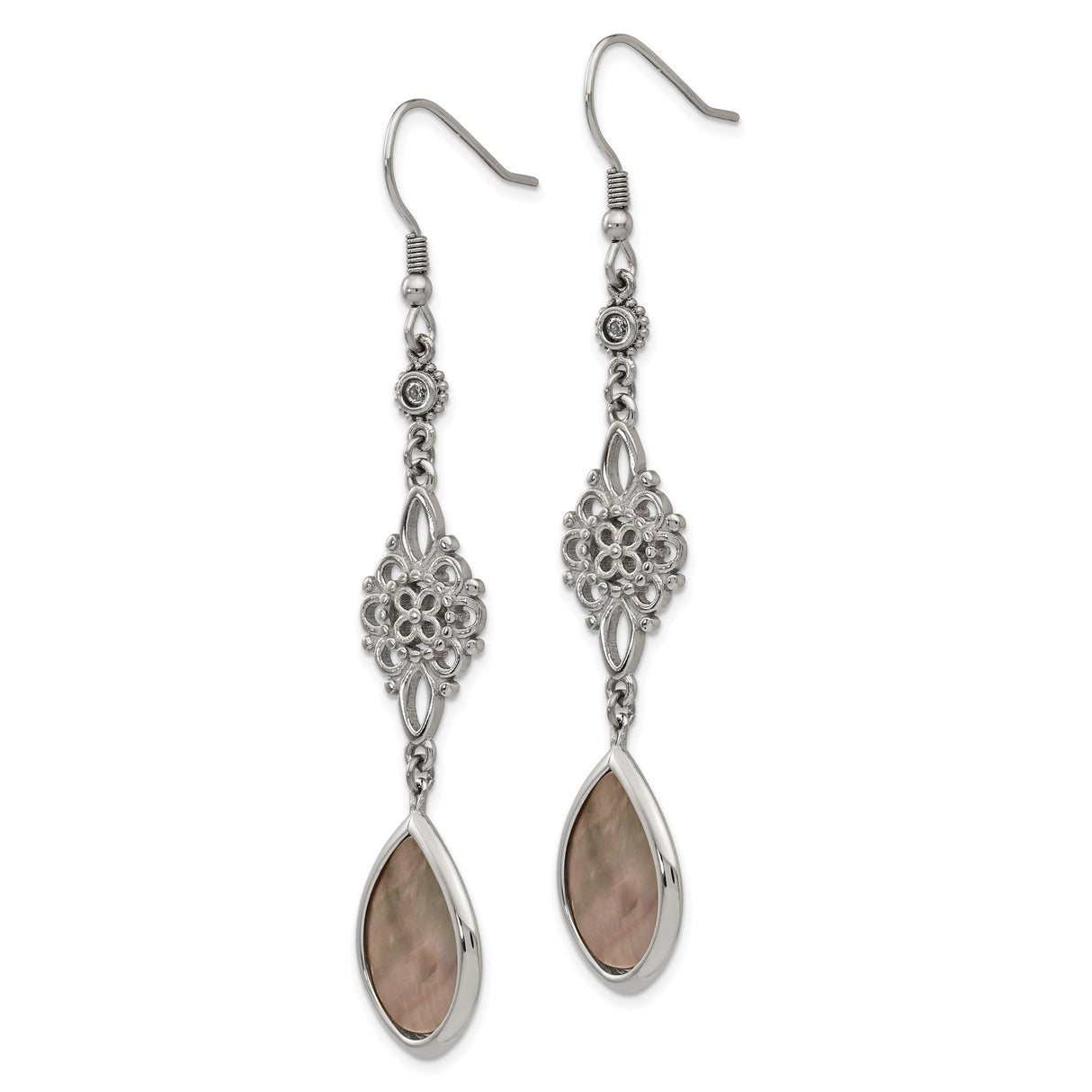 Stainless Steel Dangle Earrings with Cubic Zirconia and Teardrop Mother of Pearl Inlay, Floral Filigree Design