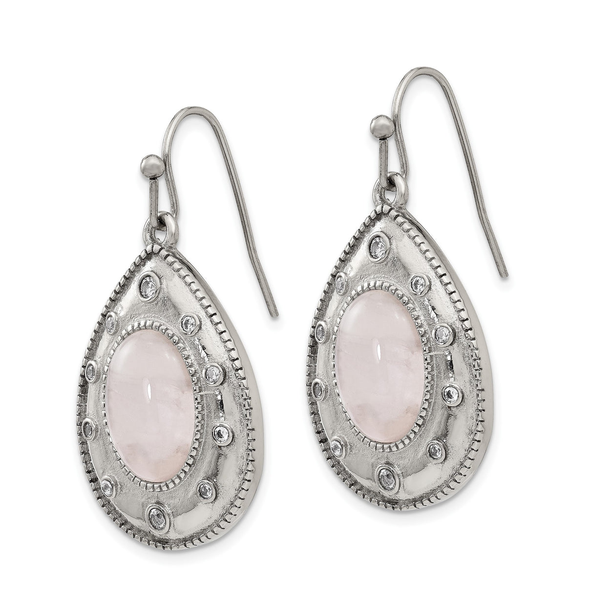Stainless Steel Teardrop Dangle Earrings with Rose Quartz and Cubic Zirconia, Antique Style