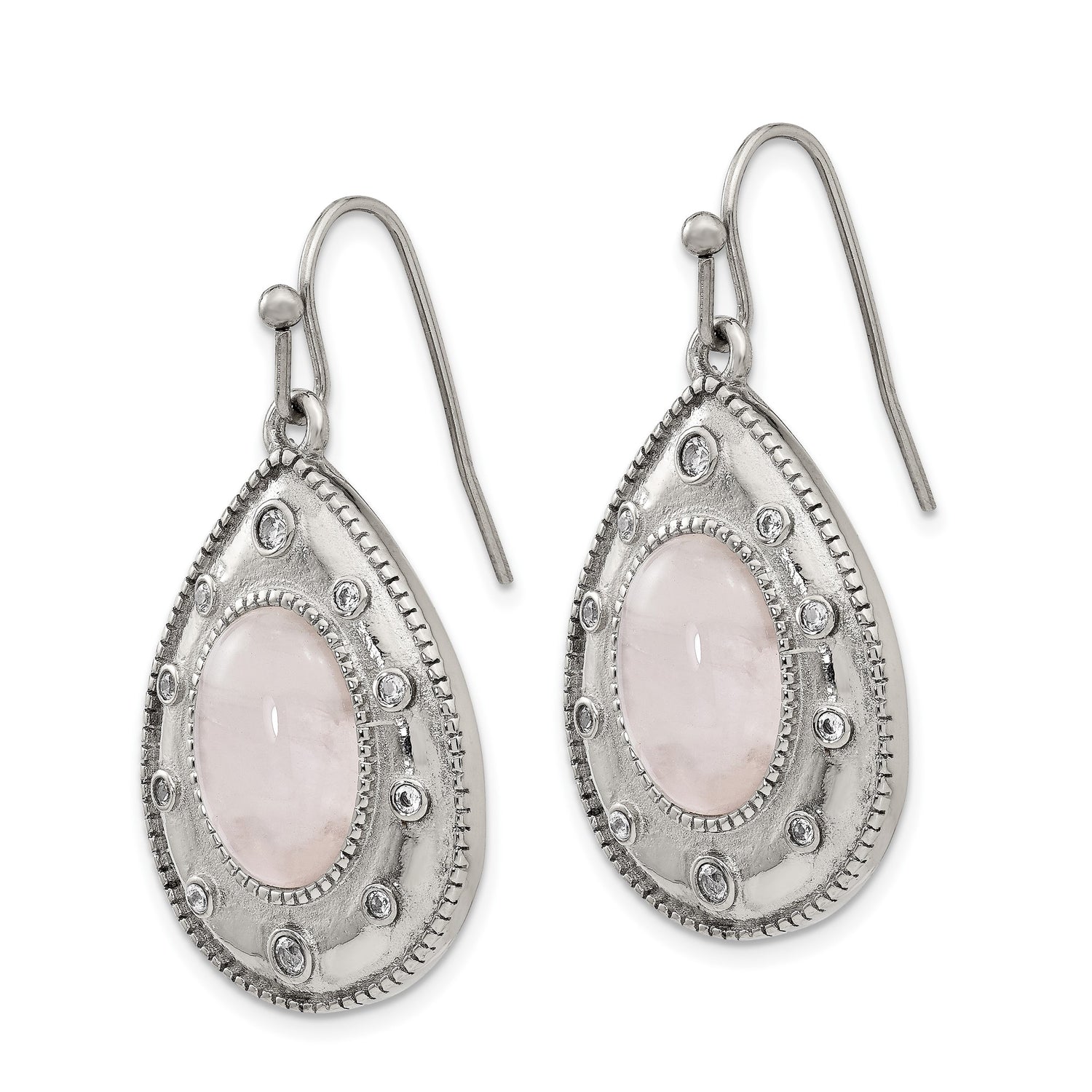 Stainless Steel Teardrop Dangle Earrings with Rose Quartz and Cubic Zirconia, Antique Style