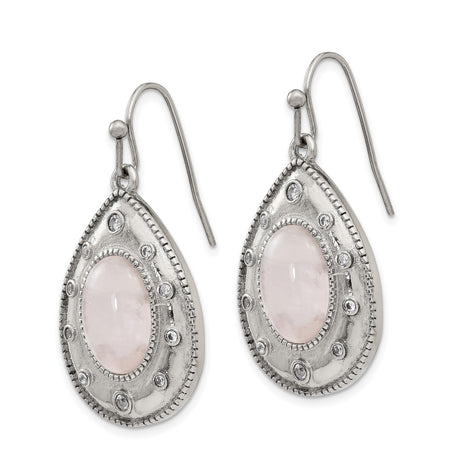 Stainless Steel Teardrop Dangle Earrings with Rose Quartz and Cubic Zirconia, Antique Style