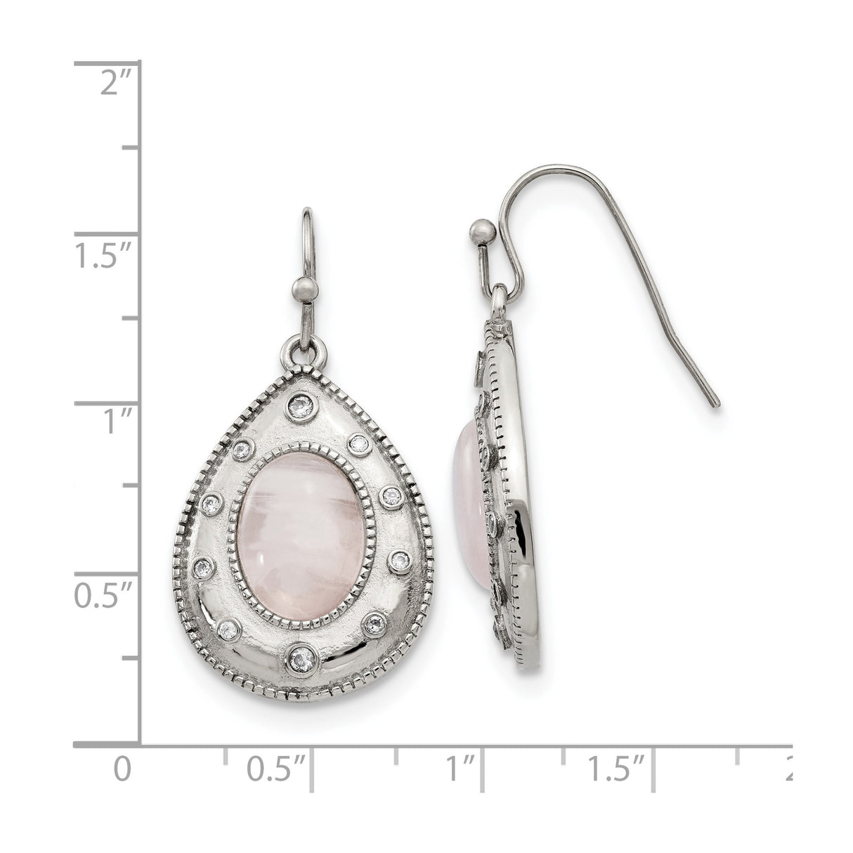 Stainless Steel Teardrop Dangle Earrings with Rose Quartz and Cubic Zirconia, Antique Style