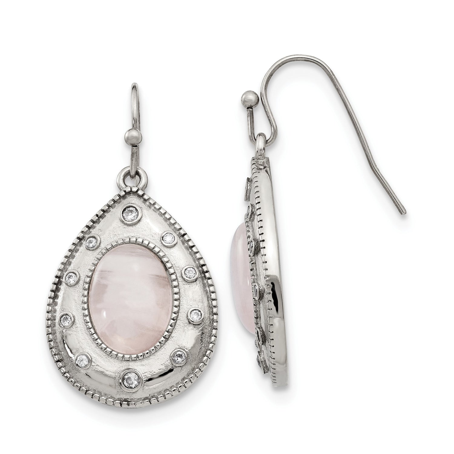 Stainless Steel Teardrop Dangle Earrings with Rose Quartz and Cubic Zirconia, Antique Style