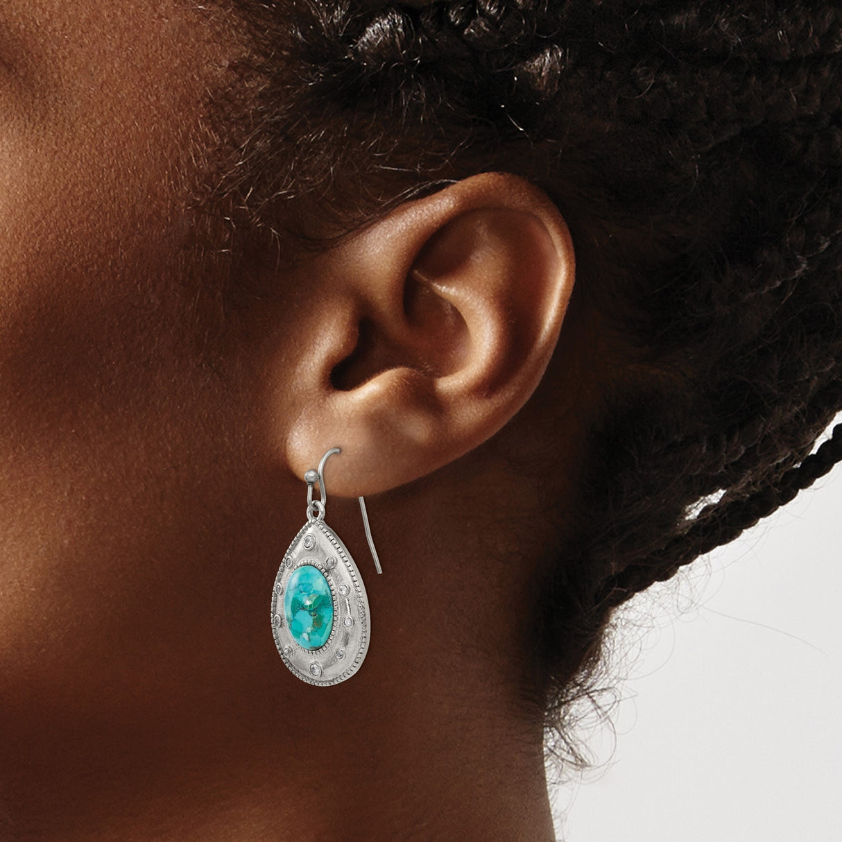 Stainless Steel Teardrop Dangle Earrings with Turquoise and Cubic Zirconia, Boho Southwestern Style