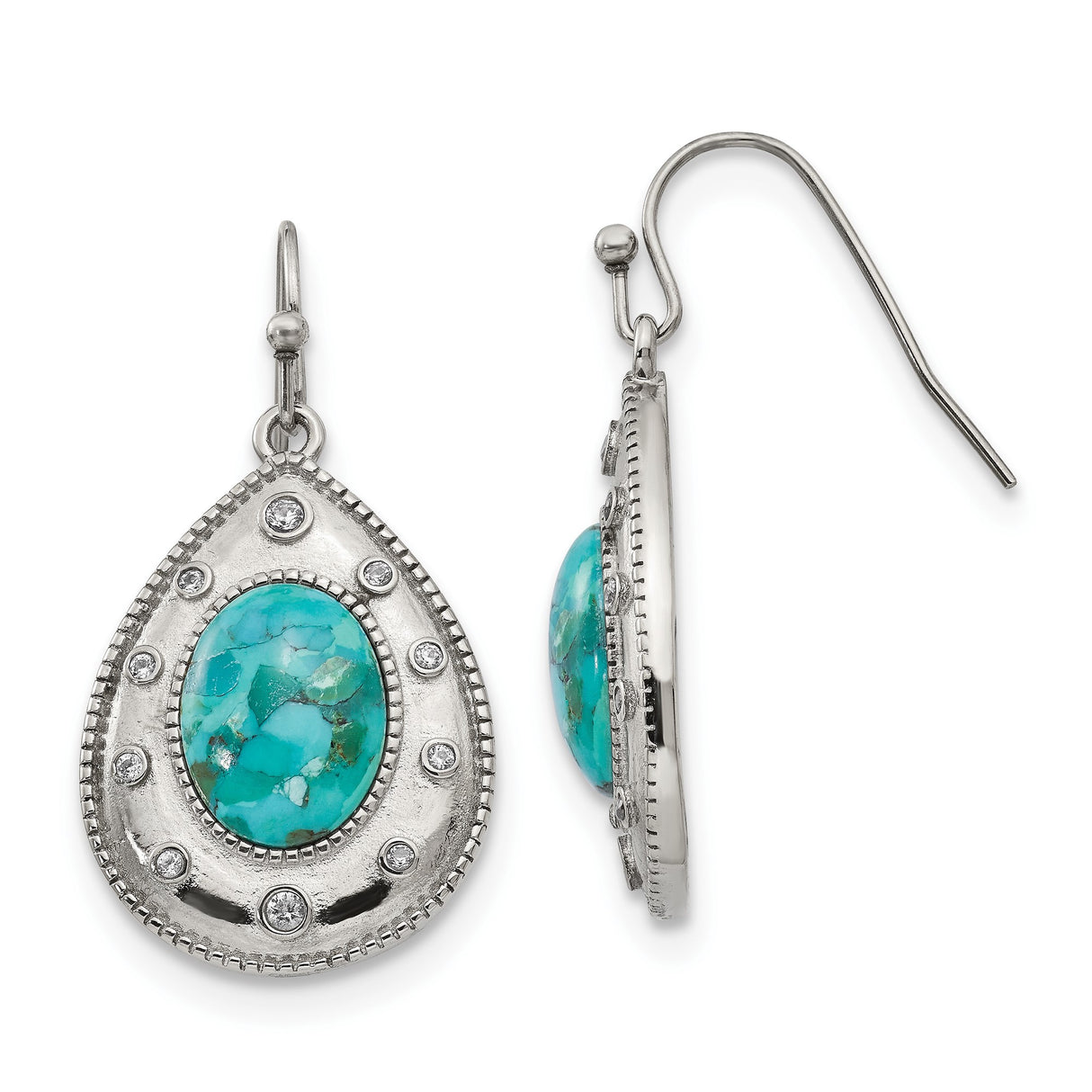 Stainless Steel Teardrop Dangle Earrings with Turquoise and Cubic Zirconia, Boho Southwestern Style