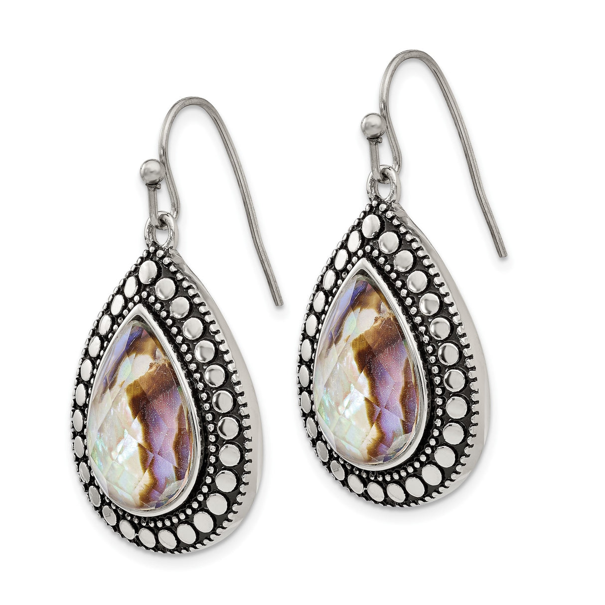 Stainless Steel Teardrop Dangle Earrings with Abalone Shell, Beaded Border, Bohemian Style