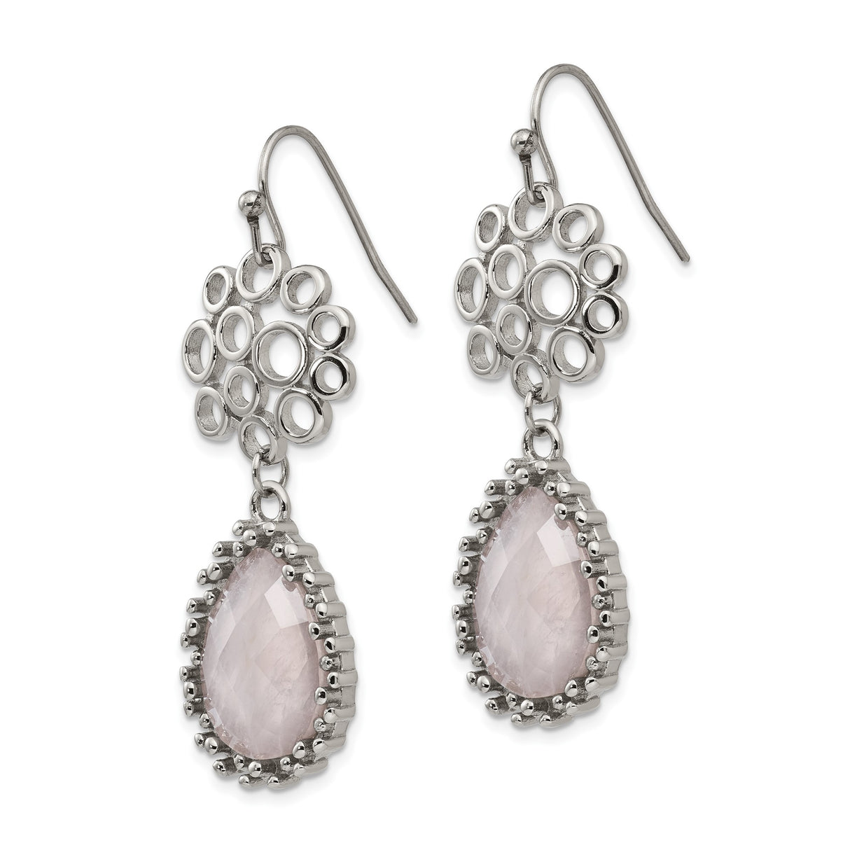 Stainless Steel Dangle Earrings with Teardrop Rose Quartz, Beaded Bezel Setting, Open Circle Design