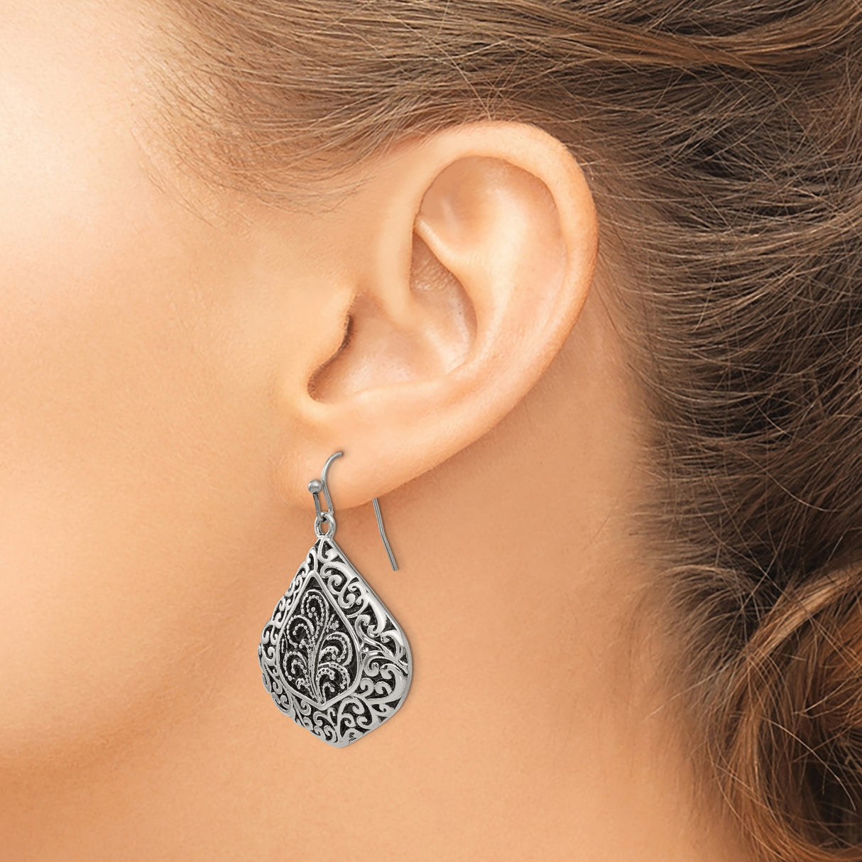 Stainless Steel Dangle Earrings with Floral Scroll Filigree, Vintage Boho Style for Women