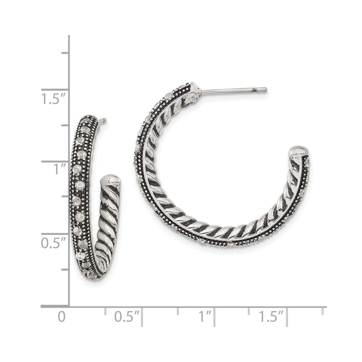 Stainless Steel Hoop Earrings with Cubic Zirconia, Twisted Rope and Beaded Edge Design