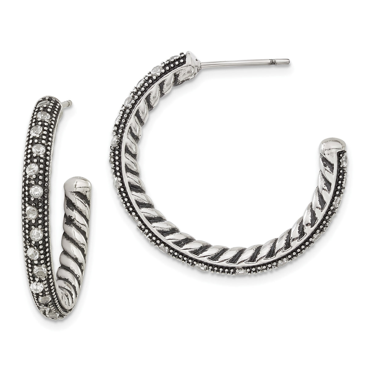 Stainless Steel Hoop Earrings with Cubic Zirconia, Twisted Rope and Beaded Edge Design