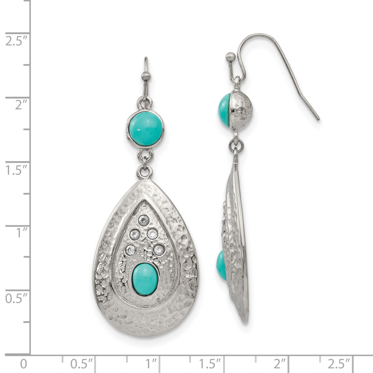 316 Stainless Steel Teardrop Earrings with Cubic Zirconia, Boho Hammered Design, Lightweight Dangle Style