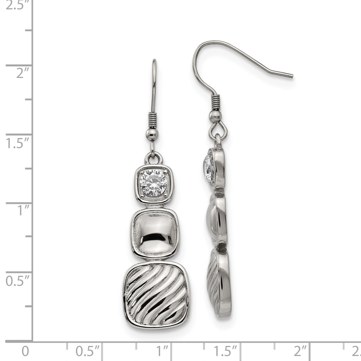 Stainless Steel Dangle Earrings with Cubic Zirconia, Square Drop Design, Geometric Style