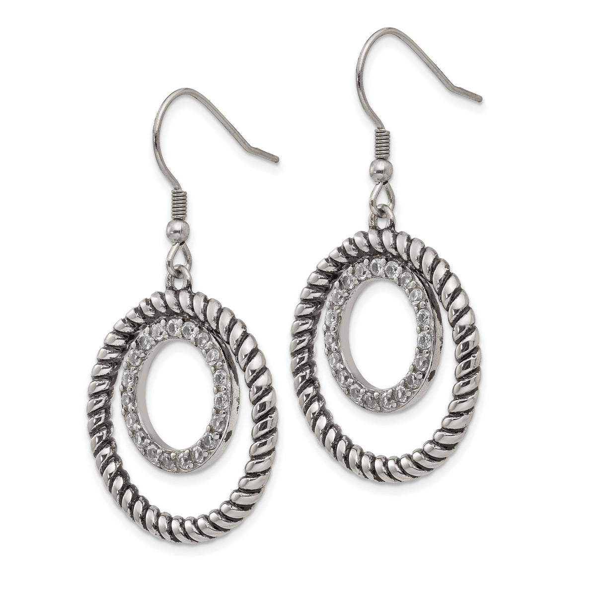 Stainless Steel Dangle Earrings with Cubic Zirconia, Twisted Rope and Double Circle Design