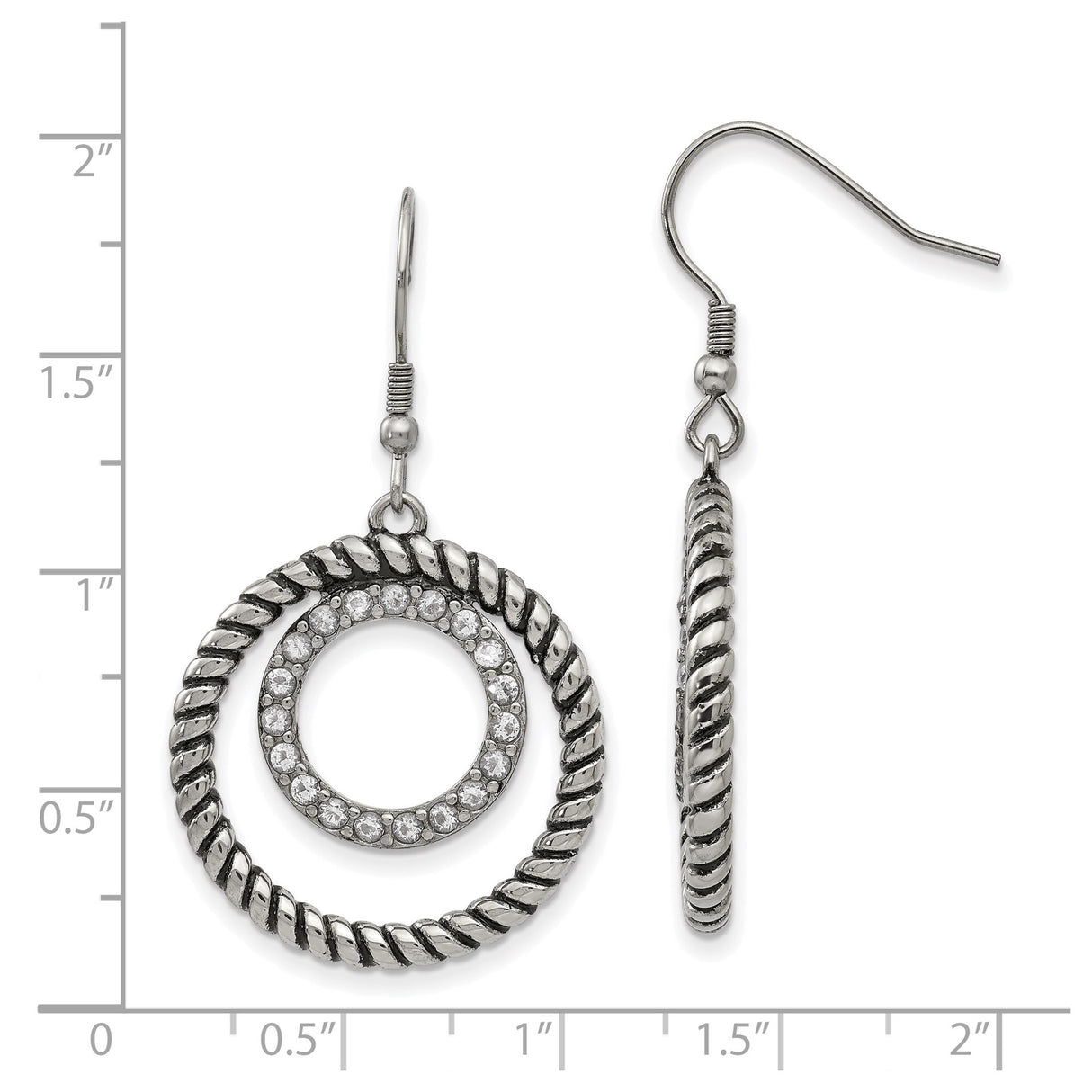 Stainless Steel Dangle Earrings with Cubic Zirconia, Twisted Rope and Double Circle Design
