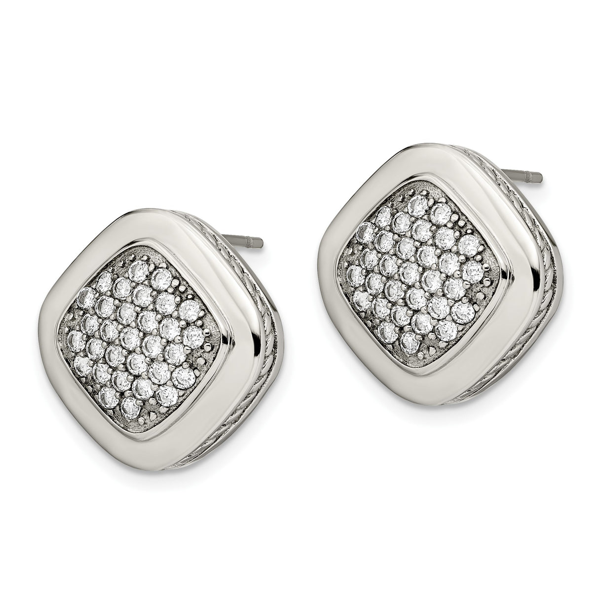 Stainless Steel Cushion Cut Cubic Zirconia Stud Earrings with Rope Edge Detailing