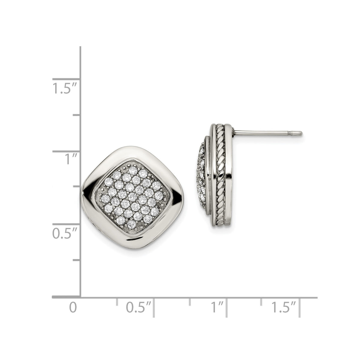 Stainless Steel Cushion Cut Cubic Zirconia Stud Earrings with Rope Edge Detailing