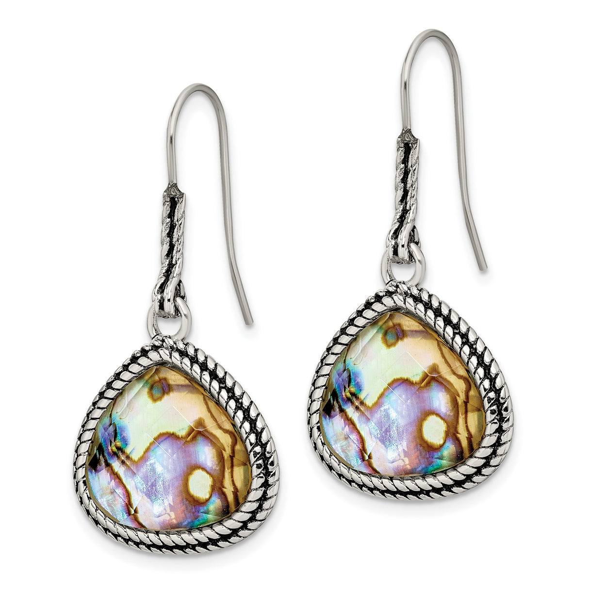 Stainless Steel Teardrop Earrings with Abalone Inlay, Rope Border, Boho Ocean Style
