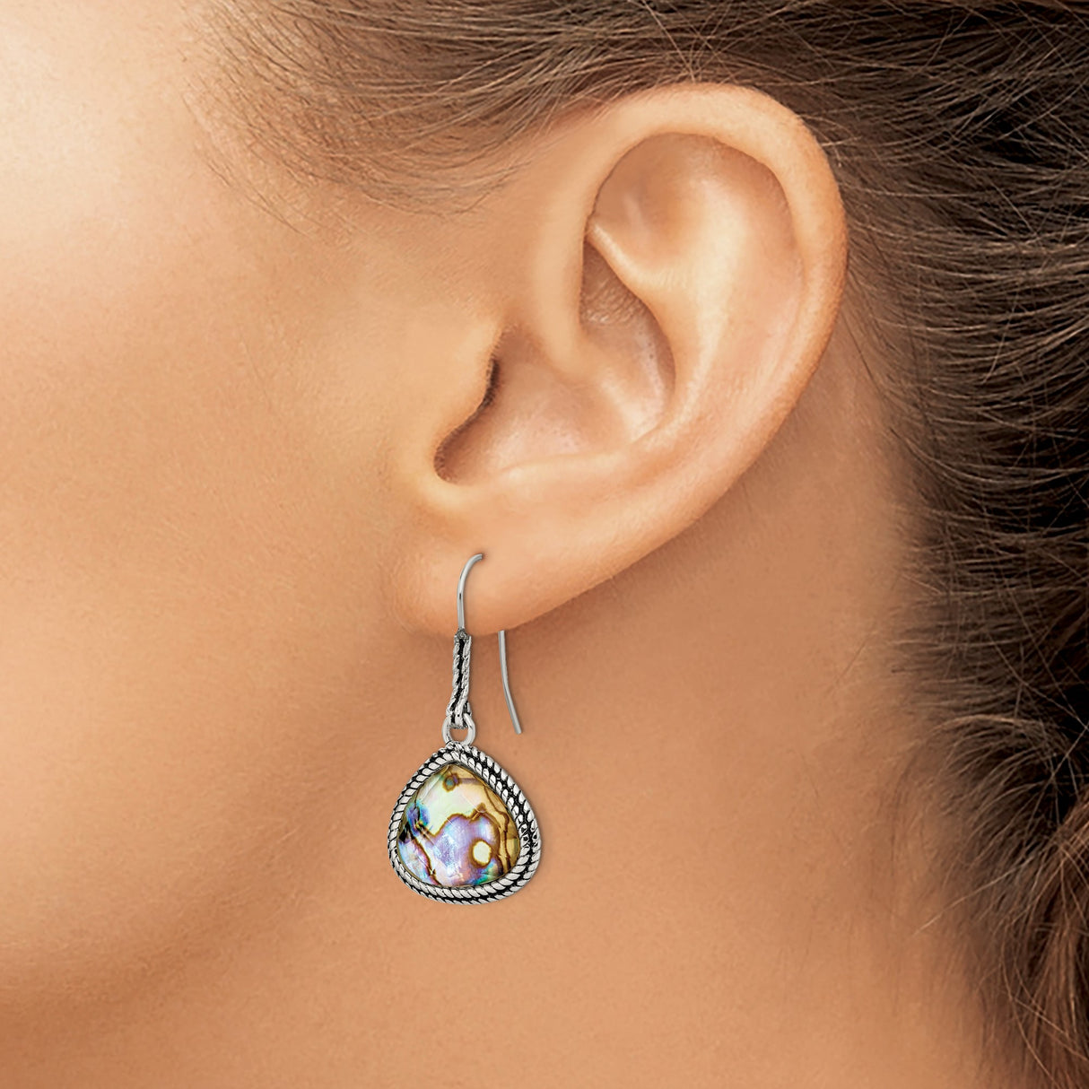 Stainless Steel Teardrop Earrings with Abalone Inlay, Rope Border, Boho Ocean Style