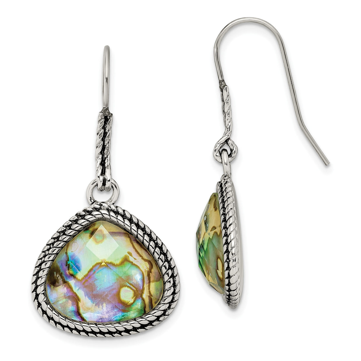 Stainless Steel Teardrop Earrings with Abalone Inlay, Rope Border, Boho Ocean Style