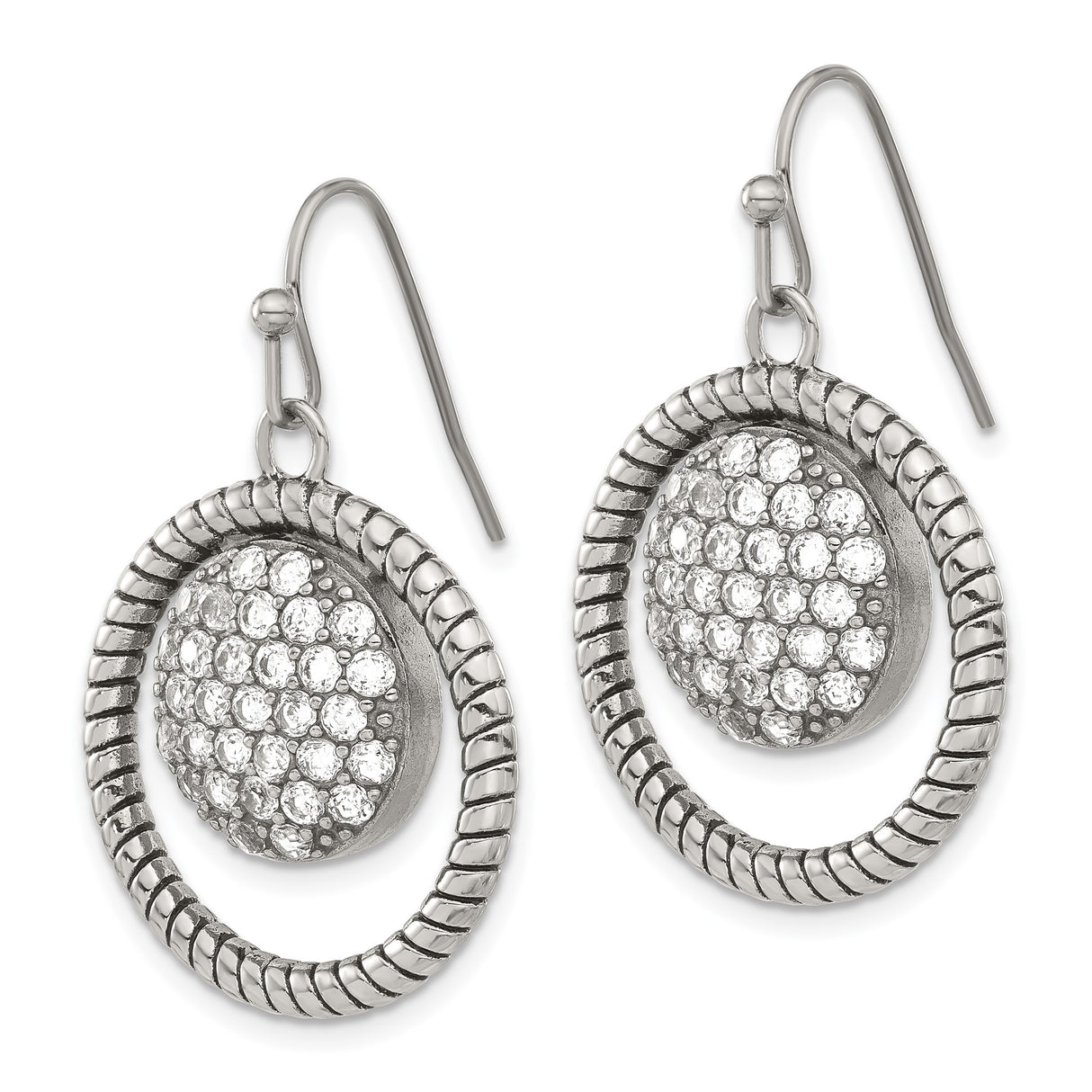 Stainless Steel Dangle Earrings with Cubic Zirconia, Textured Rope Edge and Circular Drop Design