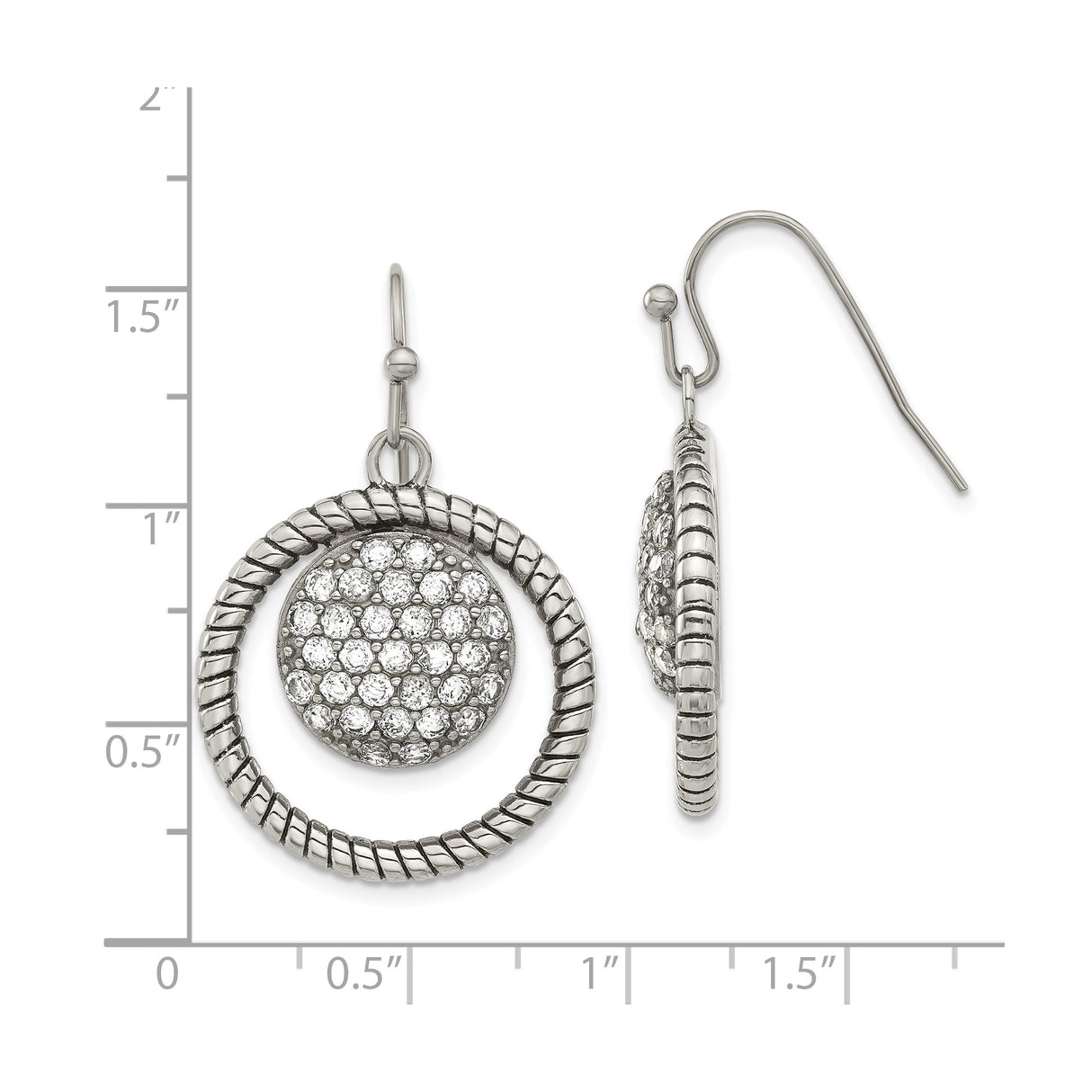 Stainless Steel Dangle Earrings with Cubic Zirconia, Textured Rope Edge and Circular Drop Design