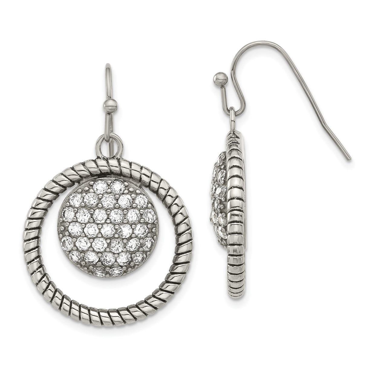 Stainless Steel Dangle Earrings with Cubic Zirconia, Textured Rope Edge and Circular Drop Design