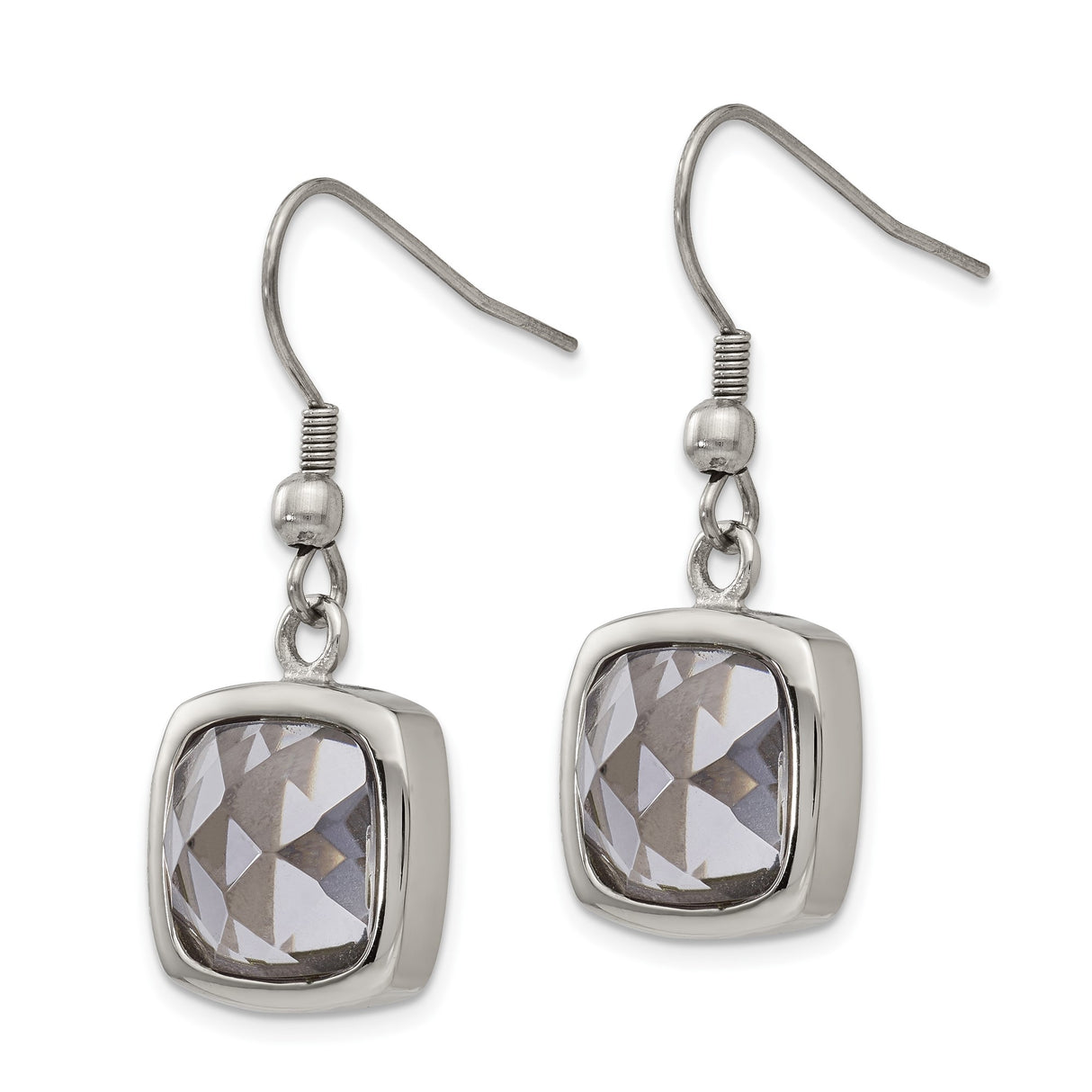 Stainless Steel Dangle Earrings with Cushion Cut Gray Faceted Glass, Hook Drop Style