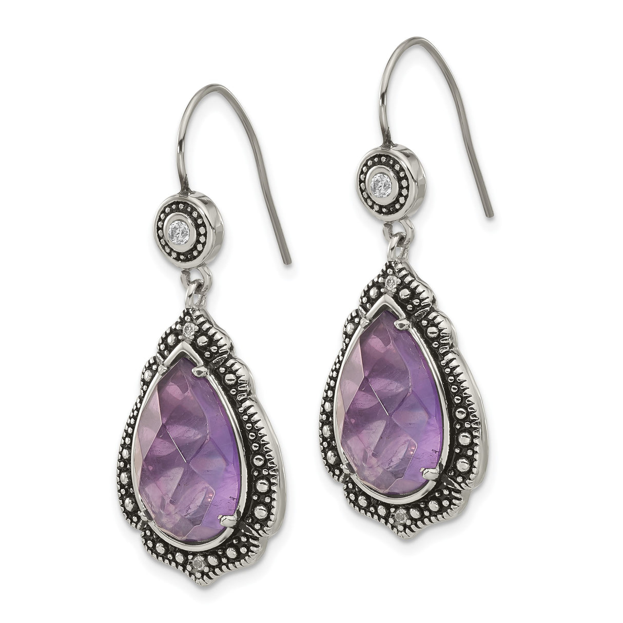Stainless Steel Drop Earrings with Purple Cubic Zirconia Teardrops, Vintage Beaded Detailing
