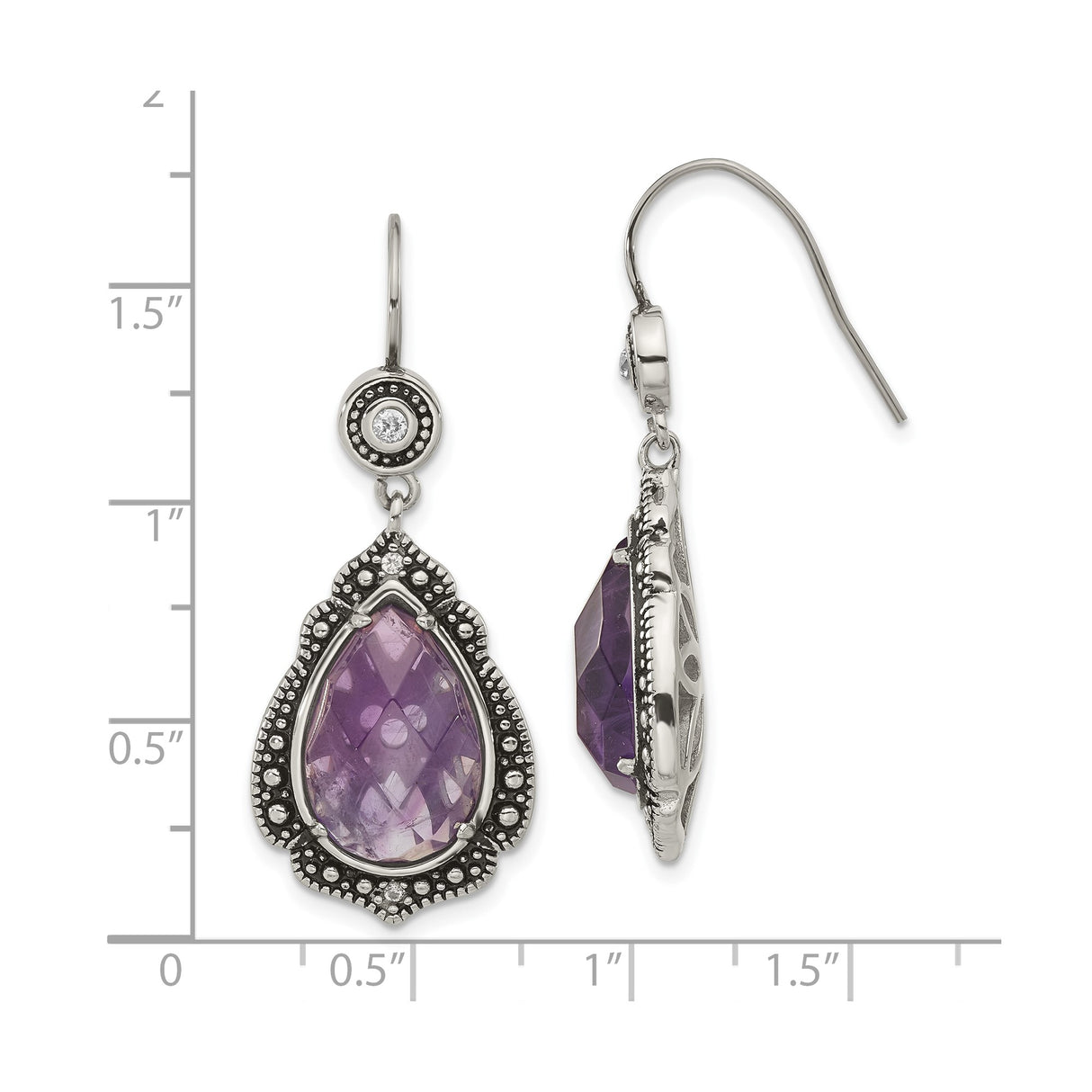 Stainless Steel Drop Earrings with Purple Cubic Zirconia Teardrops, Vintage Beaded Detailing