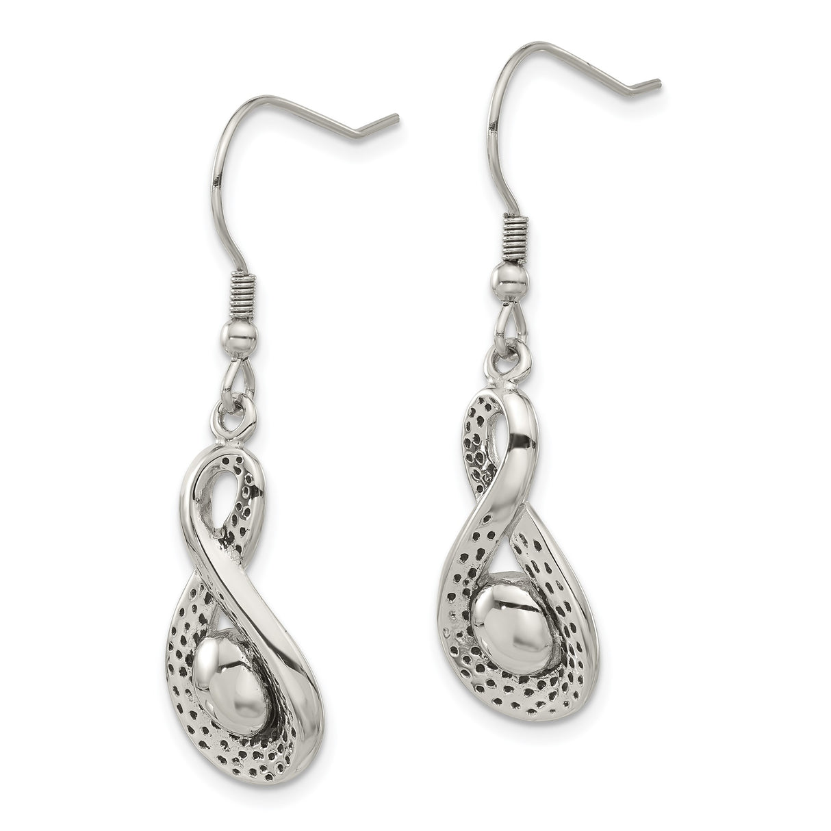 Stainless Steel Dangle Earrings with Abstract Infinity Loop and Polished Sphere Design