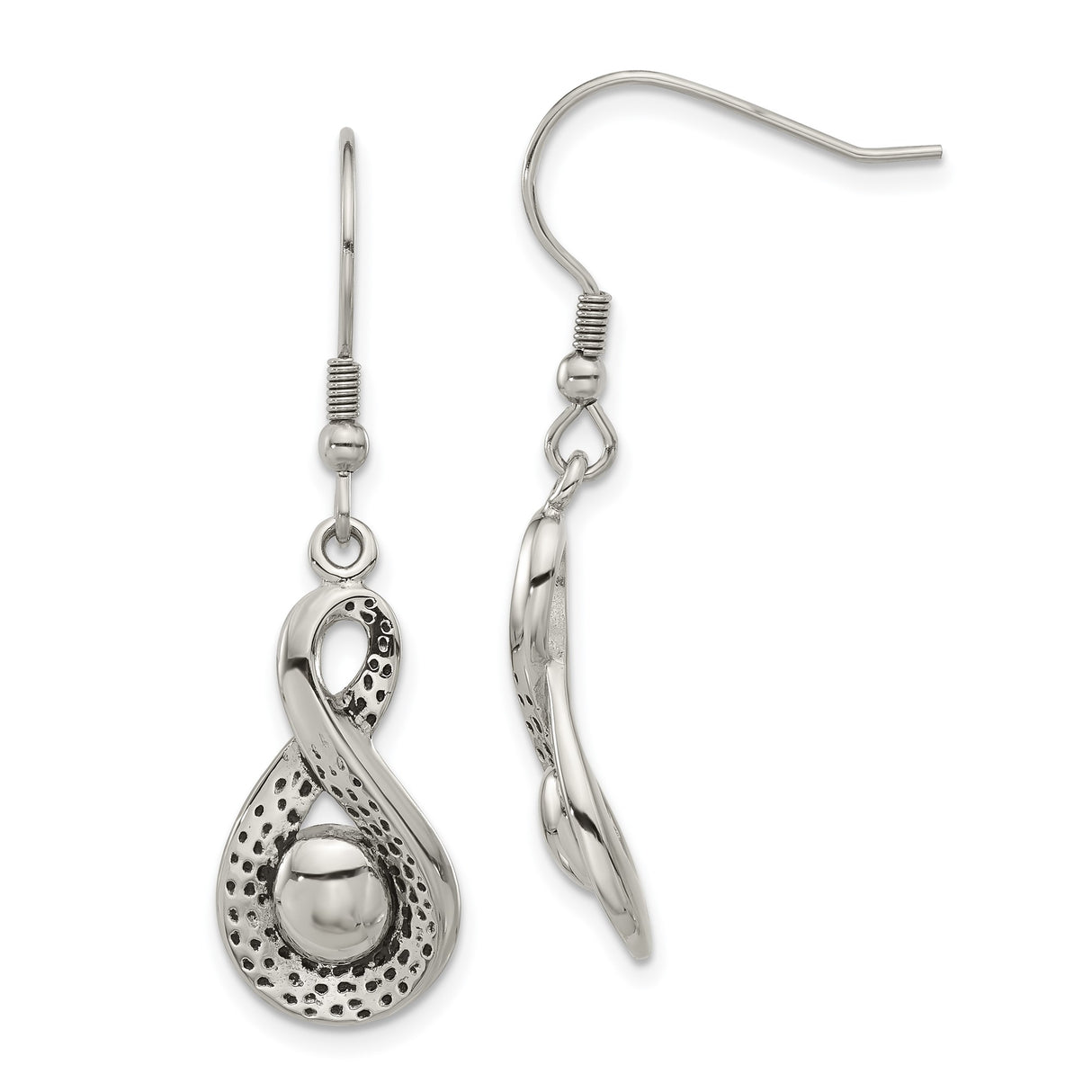 Stainless Steel Dangle Earrings with Abstract Infinity Loop and Polished Sphere Design