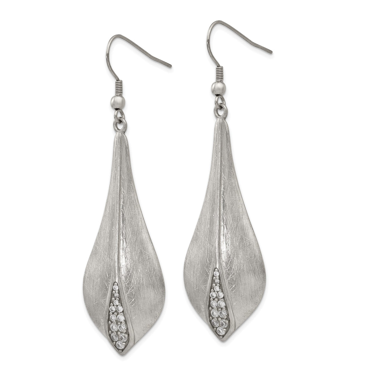 Stainless Steel Drop Earrings with Cubic Zirconia, Brushed Finish Leaf Design
