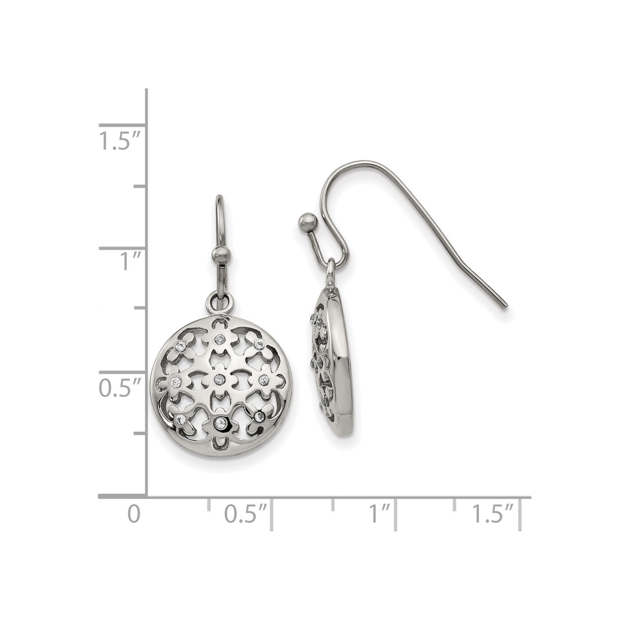Stainless Steel Dangle Earrings with Cubic Zirconia, Round Floral Cutout Design