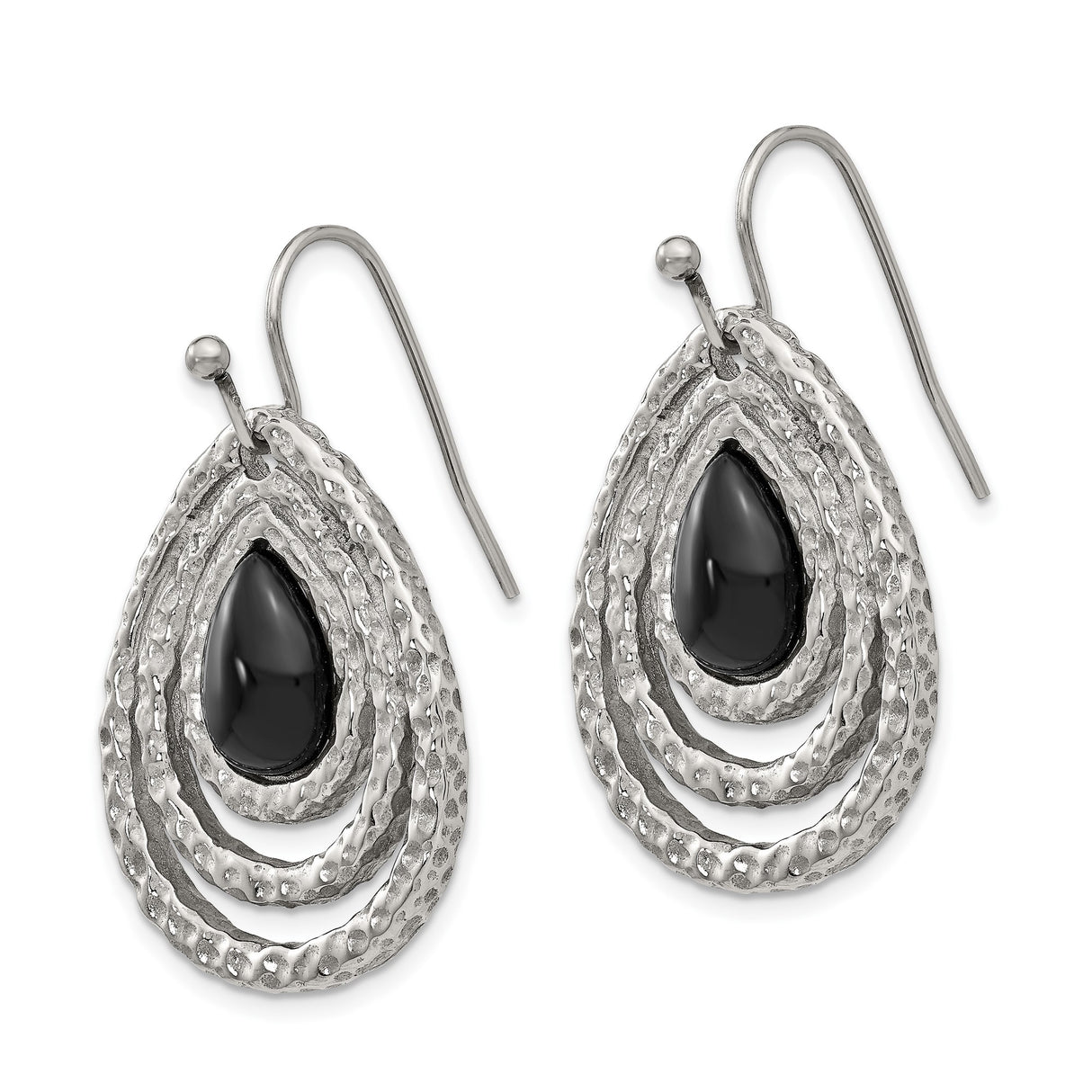 Stainless Steel Teardrop Dangle Earrings with Onyx and Hammered Texture, Layered Open Design