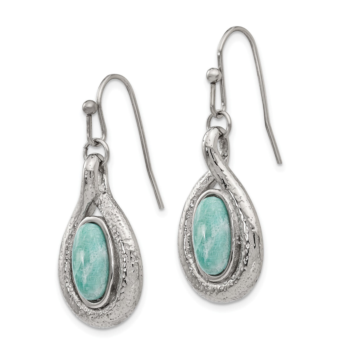 Stainless Steel Dangle Earrings with Created Jade, Hammered Teardrop Boho Design for Women