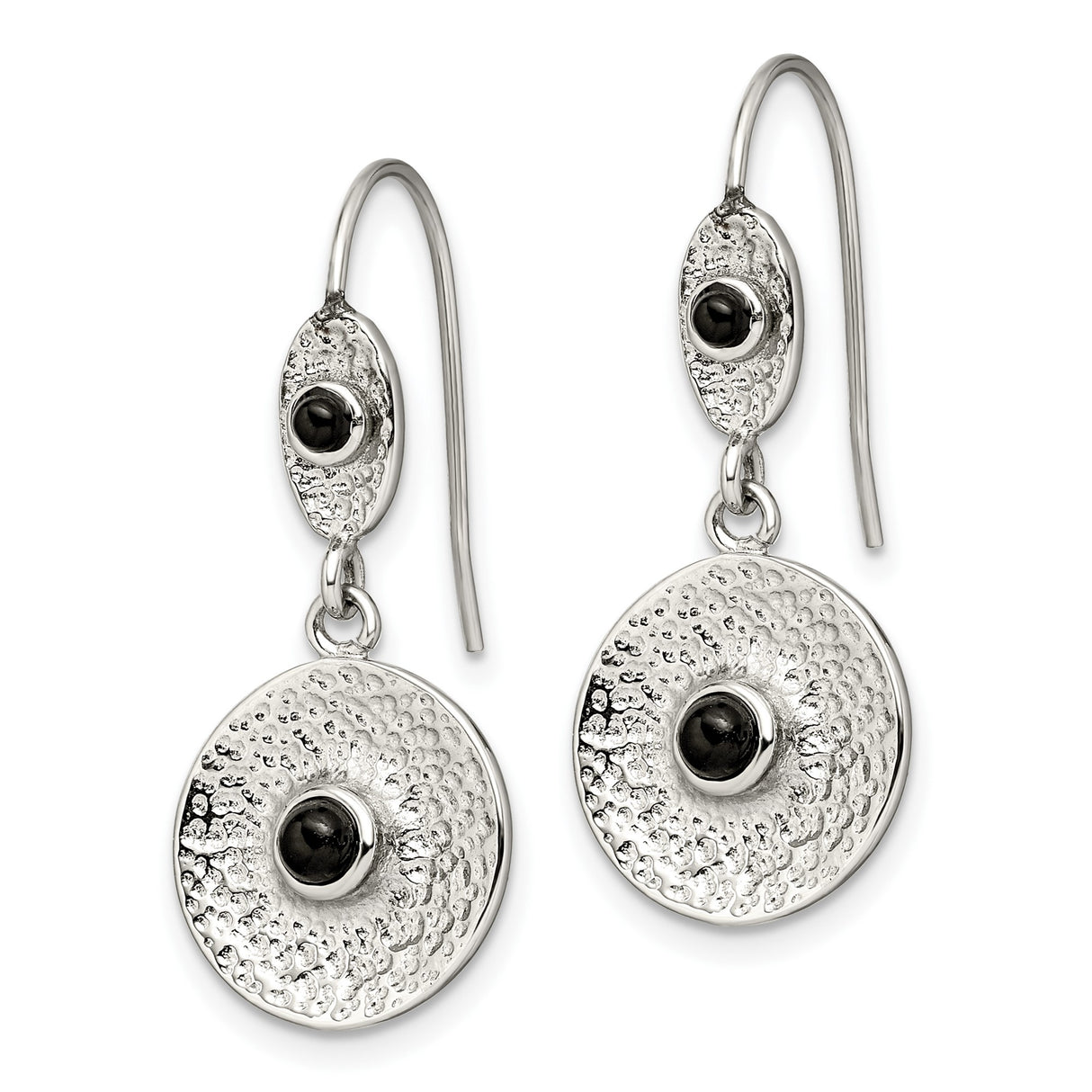 316 Stainless Steel Dangle Earrings with Black Onyx, Hammered Texture, Oval and Circle Design