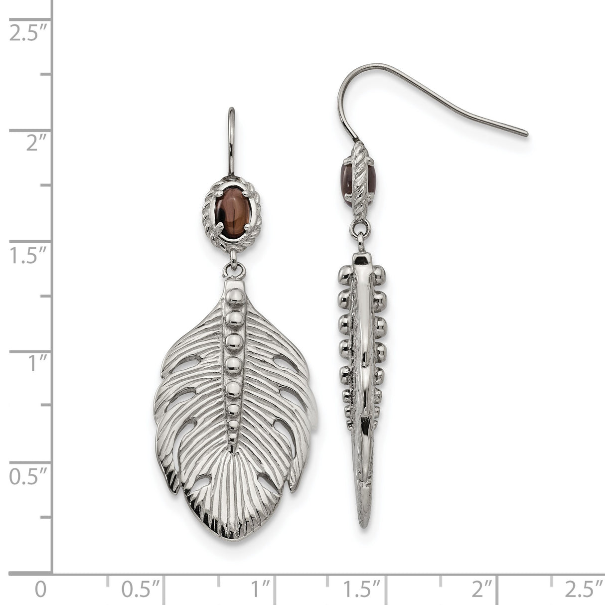 Stainless Steel Dangle Earrings with Smoky Quartz, Feather and Bead Boho Tribal Design