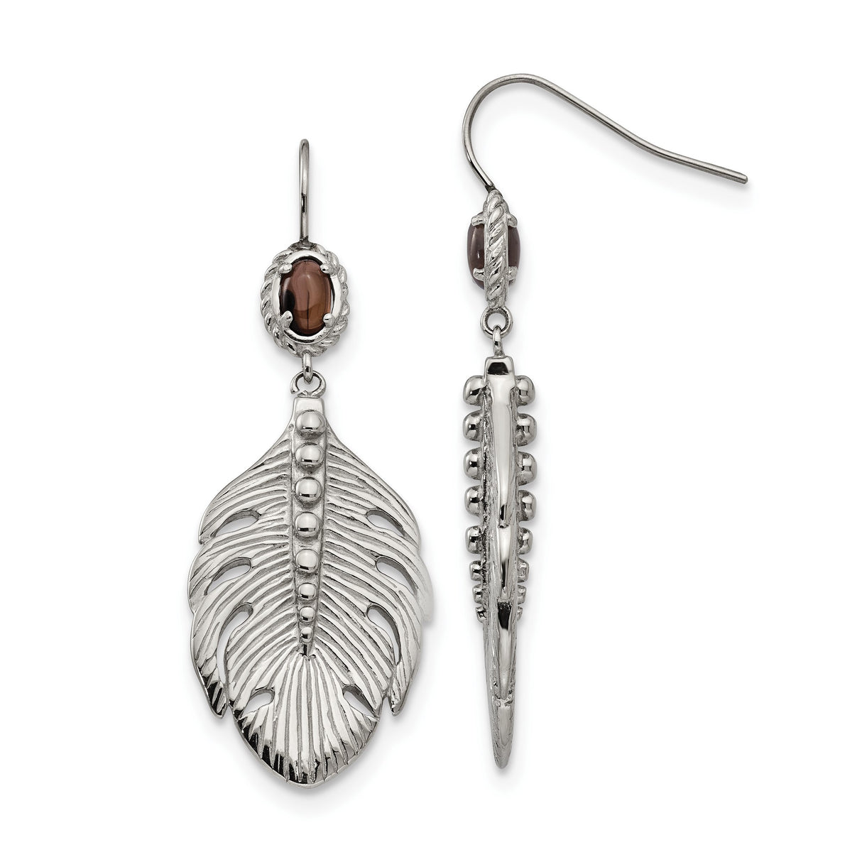 Stainless Steel Dangle Earrings with Smoky Quartz, Feather and Bead Boho Tribal Design