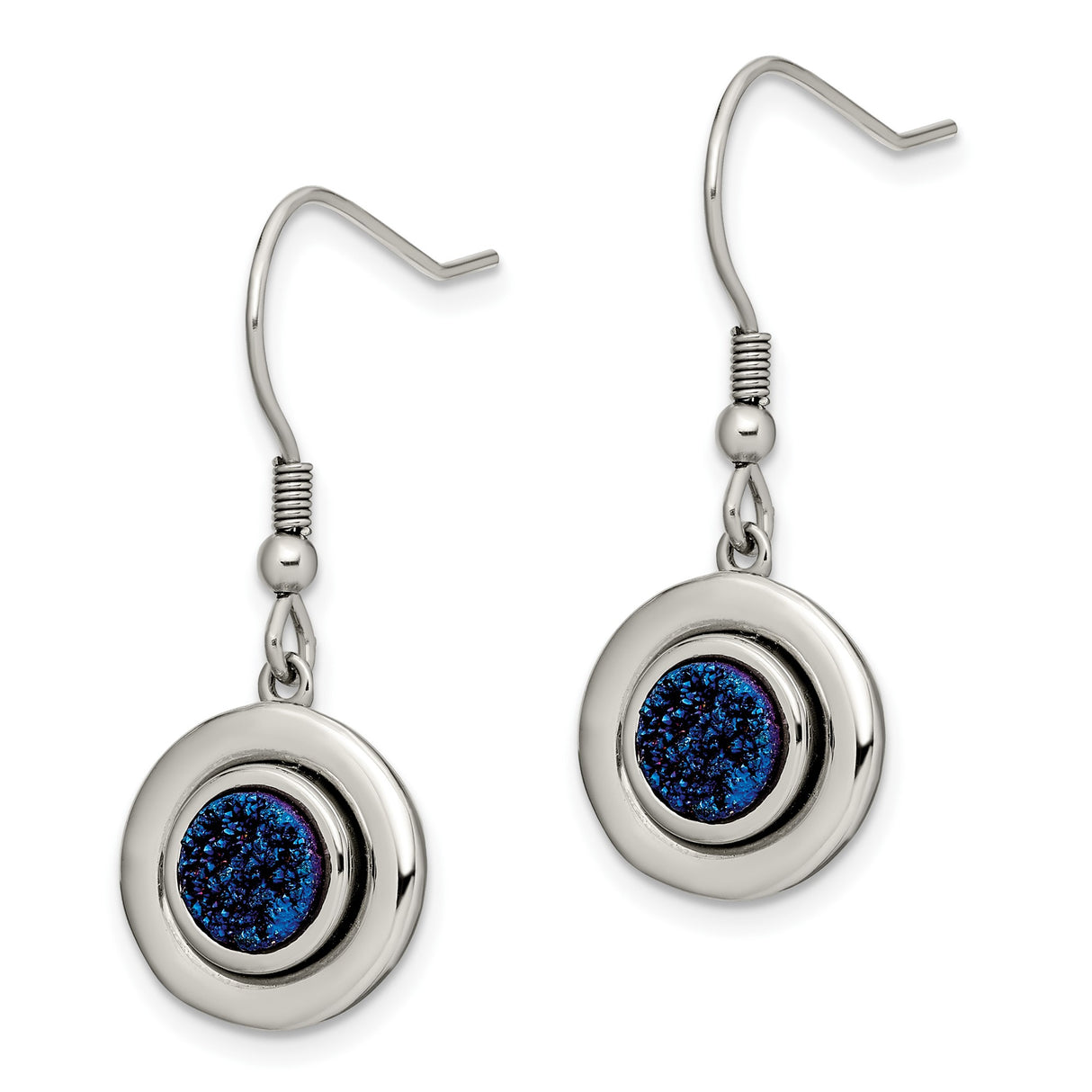 Stainless Steel Dangle Earrings with Blue Druzy Stone, Modern Minimalist Hook Style
