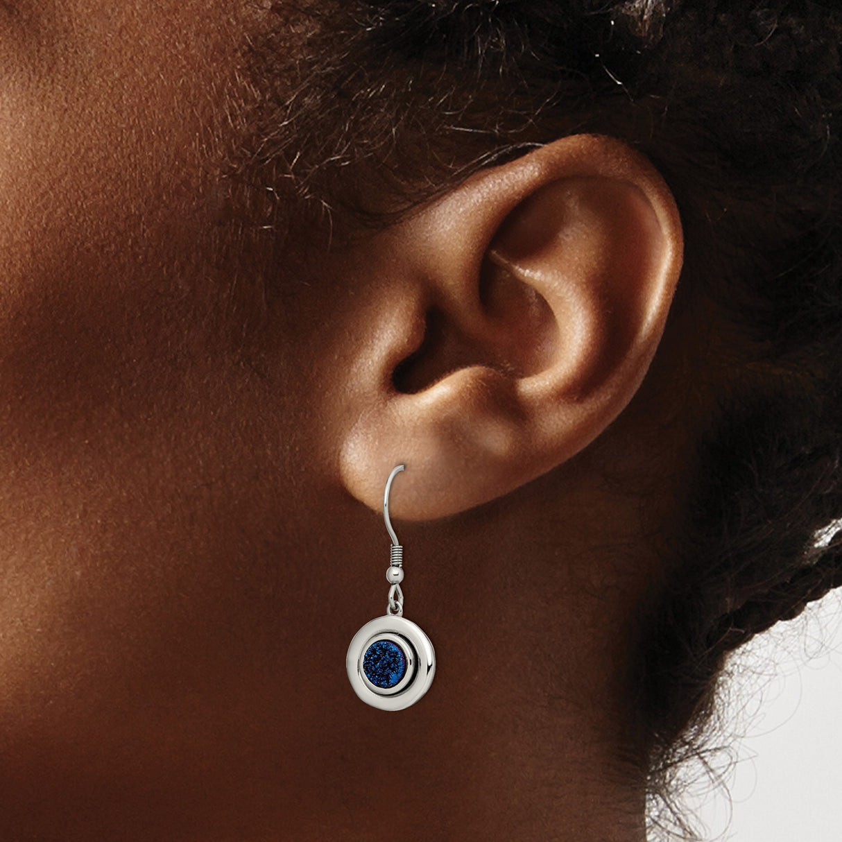 Stainless Steel Dangle Earrings with Blue Druzy Stone, Modern Minimalist Hook Style