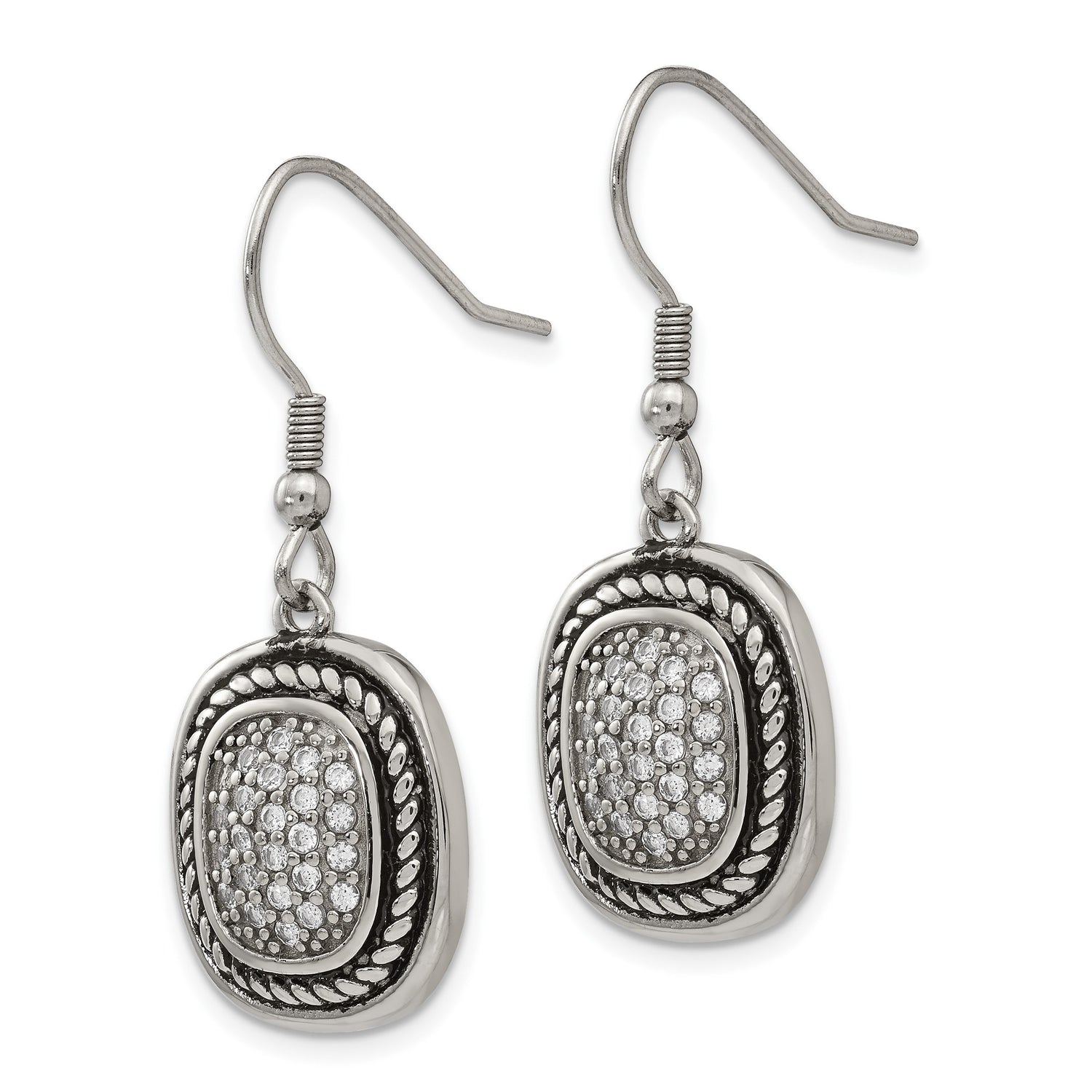Stainless Steel Dangle Earrings with Cubic Zirconia, Cushion Drop, Vintage Rope Detail