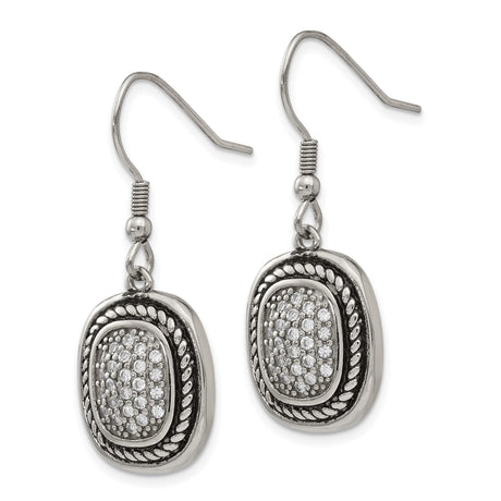 Stainless Steel Dangle Earrings with Cubic Zirconia, Cushion Drop, Vintage Rope Detail
