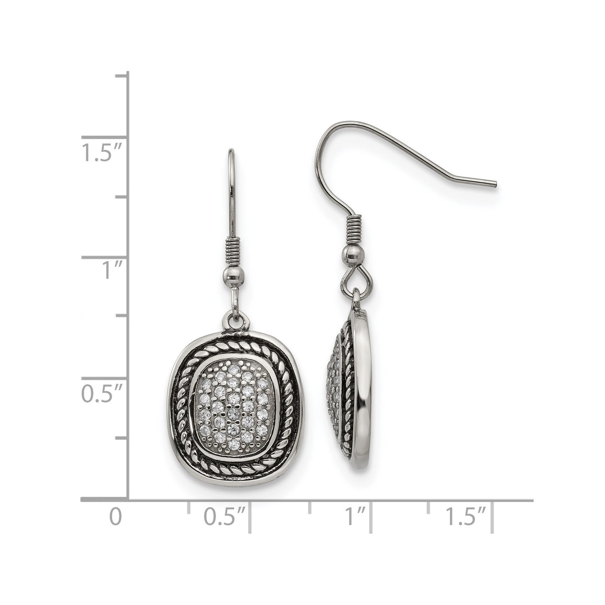 Stainless Steel Dangle Earrings with Cubic Zirconia, Cushion Drop, Vintage Rope Detail