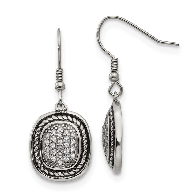Stainless Steel Dangle Earrings with Cubic Zirconia, Cushion Drop, Vintage Rope Detail