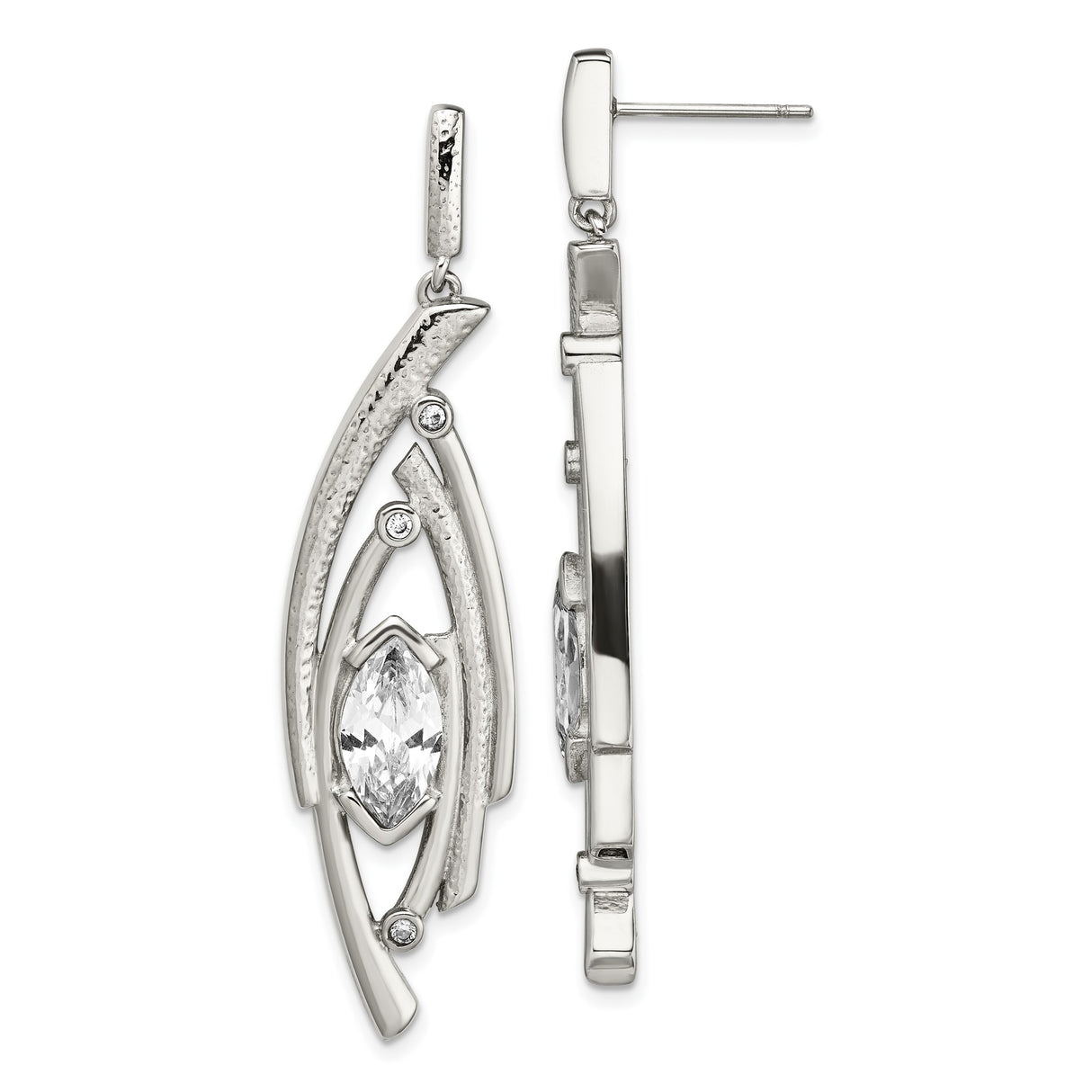 Stainless Steel Dangle Earrings with Cubic Zirconia, Abstract Modern Layered Design