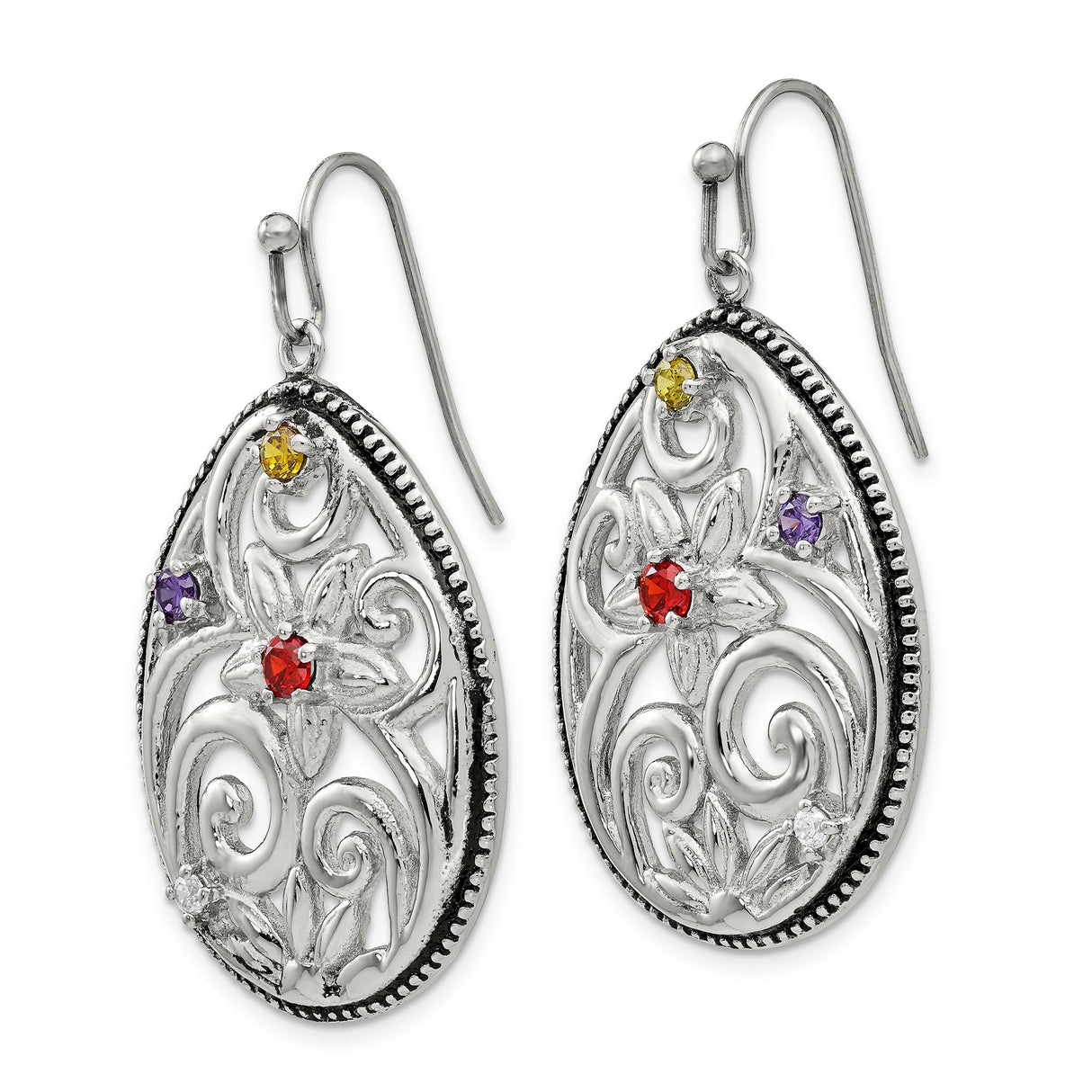 Stainless Steel Teardrop Earrings with Cubic Zirconia, Floral Filigree, Vintage Boho Style