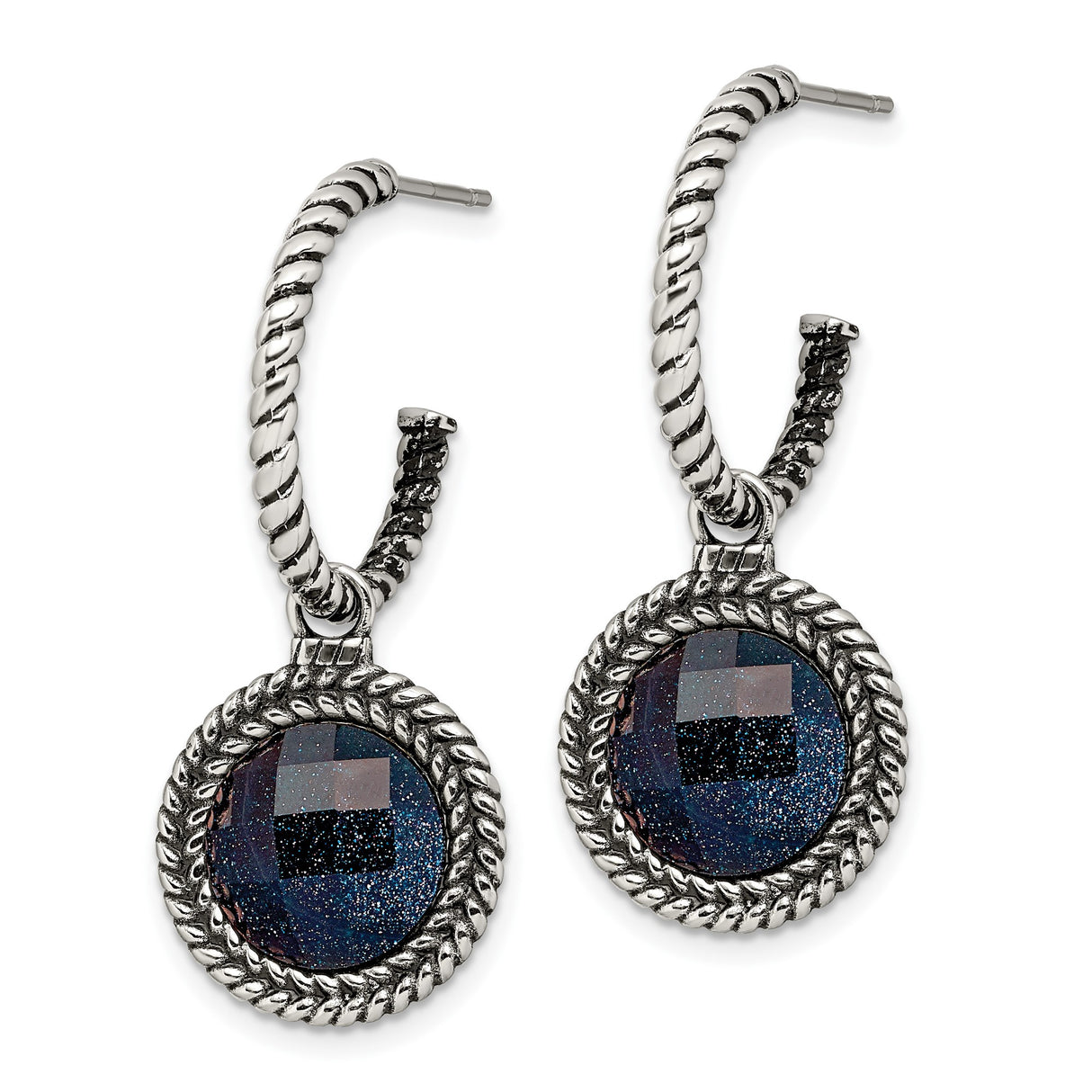 Stainless Steel Hoop Earrings with Navy Blue Sand Stone Charm, Twisted Rope Detail
