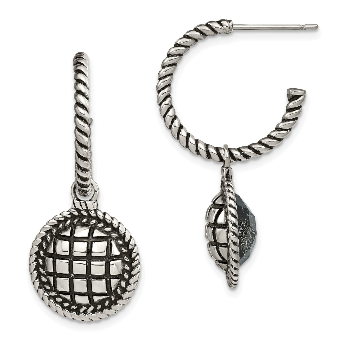 Stainless Steel Hoop Earrings with Navy Blue Sand Stone Charm, Twisted Rope Detail