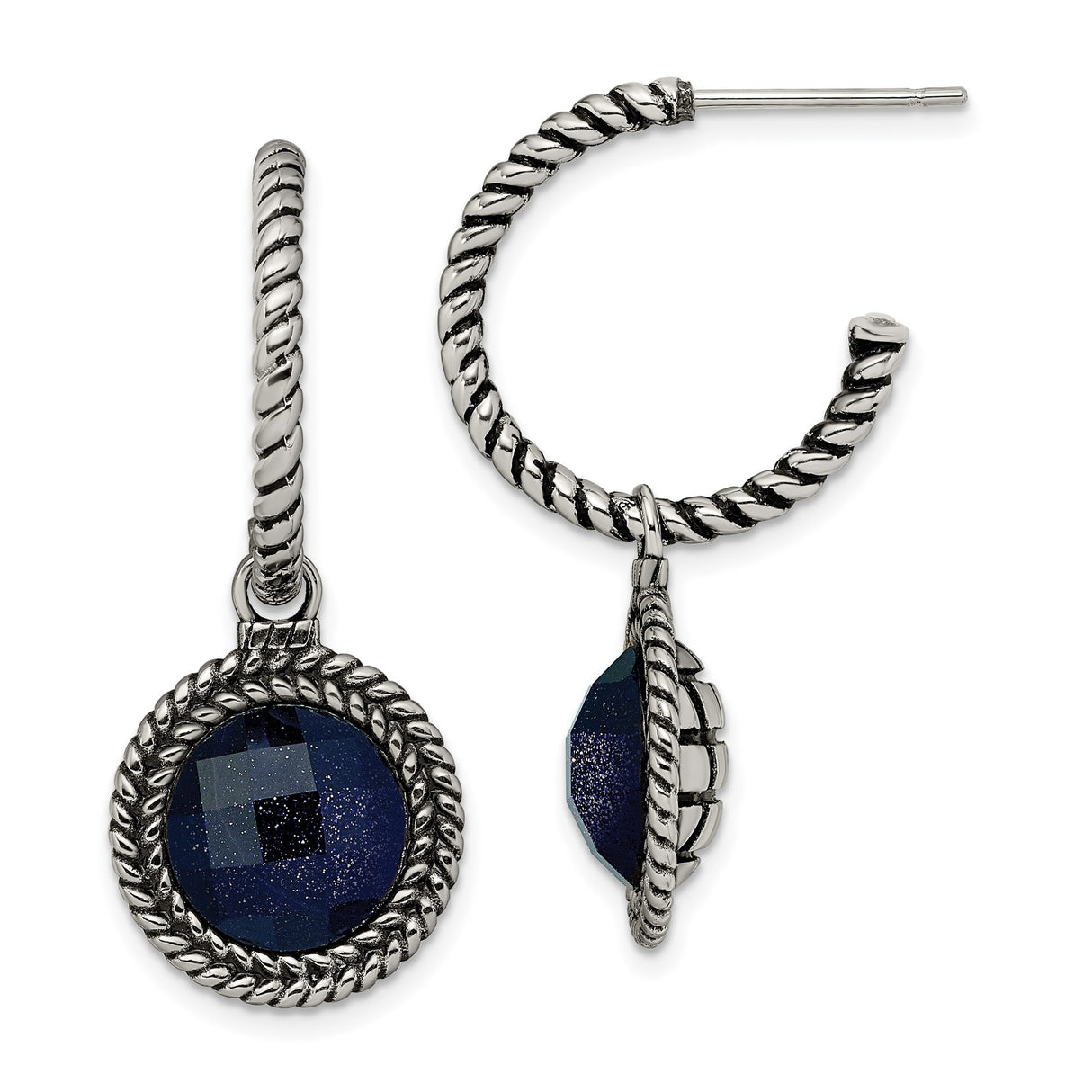 Stainless Steel Hoop Earrings with Navy Blue Sand Stone Charm, Twisted Rope Detail